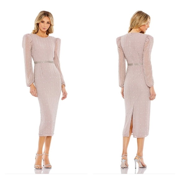 Mac Duggal 93622 NWT LONG SLEEVE PUFF SLEEVE BEADED MIDI DRESS - Picture 1 of 10
